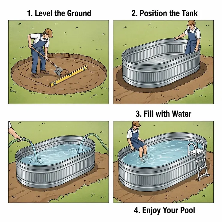 A step-by-step illustration showing the easy setup process of a large stock tank pool, including leveling the ground and filling the tank.