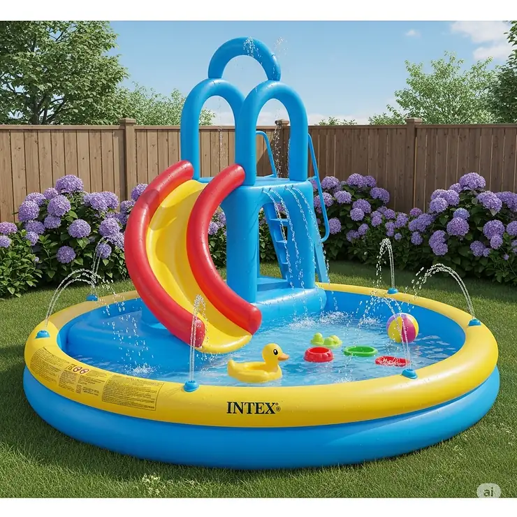 A brightly colored Intex inflatable kiddie pool with a built-in water slide, perfect for children and small backyards.