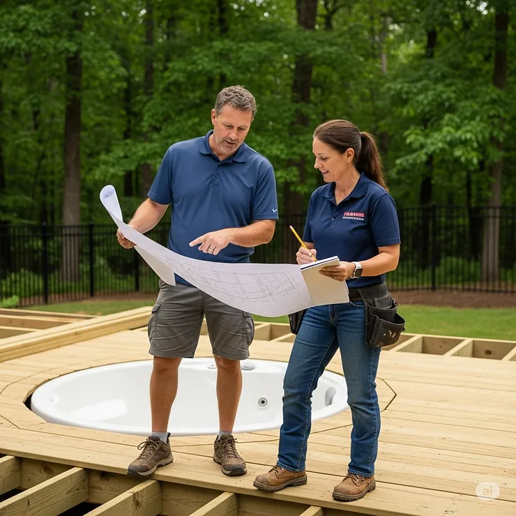 A man and a contractor looking at blueprints for a new jacuzzi deck.