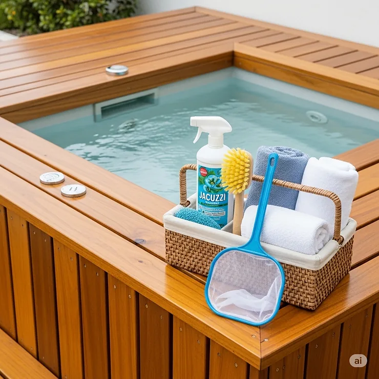 Cleaning supplies next to a clean and well-maintained wooden jacuzzi deck.