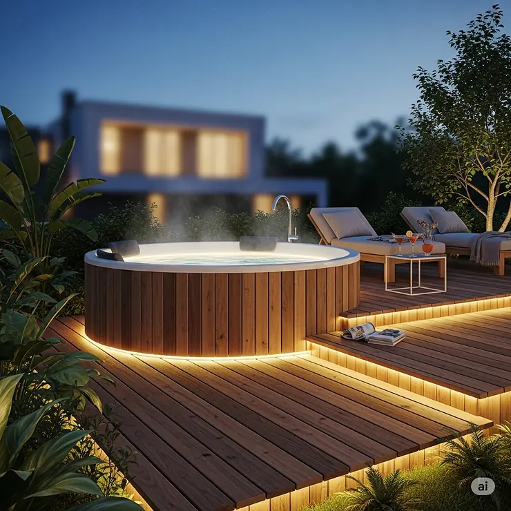 A stunning jacuzzi deck illuminated with subtle, integrated LED lighting for evening use.