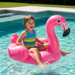 A child sits on a fun inflatable pool chair shaped like a flamingo.