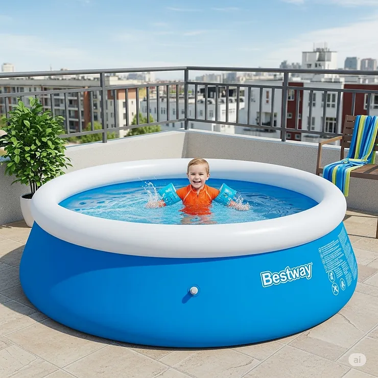 A compact, round inflatable pool from Bestway, designed to fit perfectly on apartment balconies and small patios.