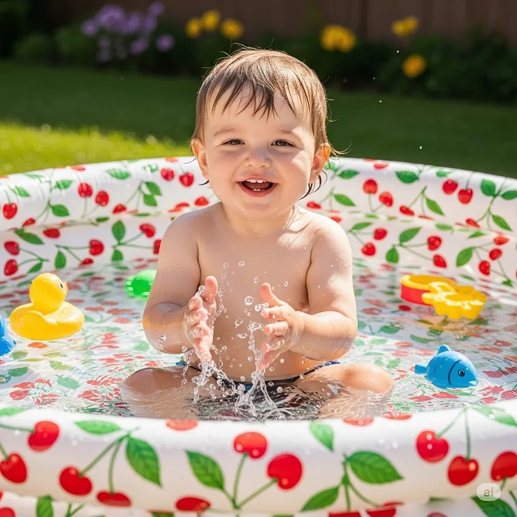 A happy toddler plays in a small, shallow inflatable pool with a vibrant cherry pattern.