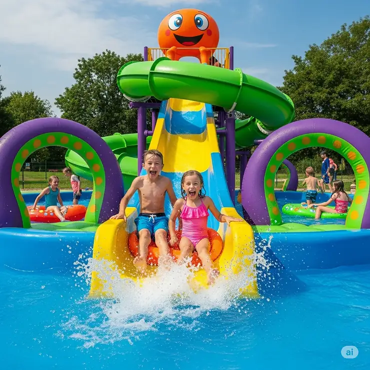 Two happy children sliding down the water slide into a giant inflatable pool.