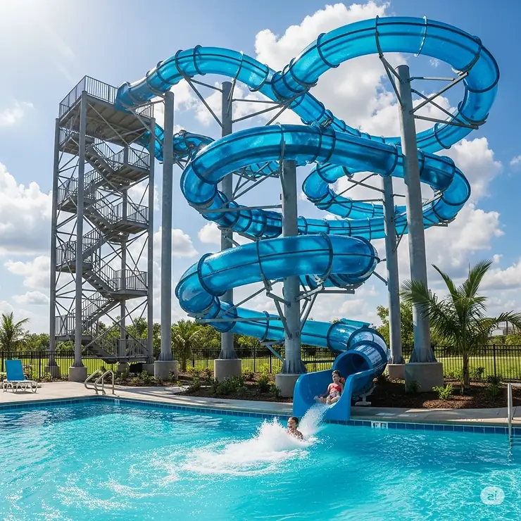 A grand, tall above-ground pool slide with a long, winding flume, providing an exhilarating ride into the water.