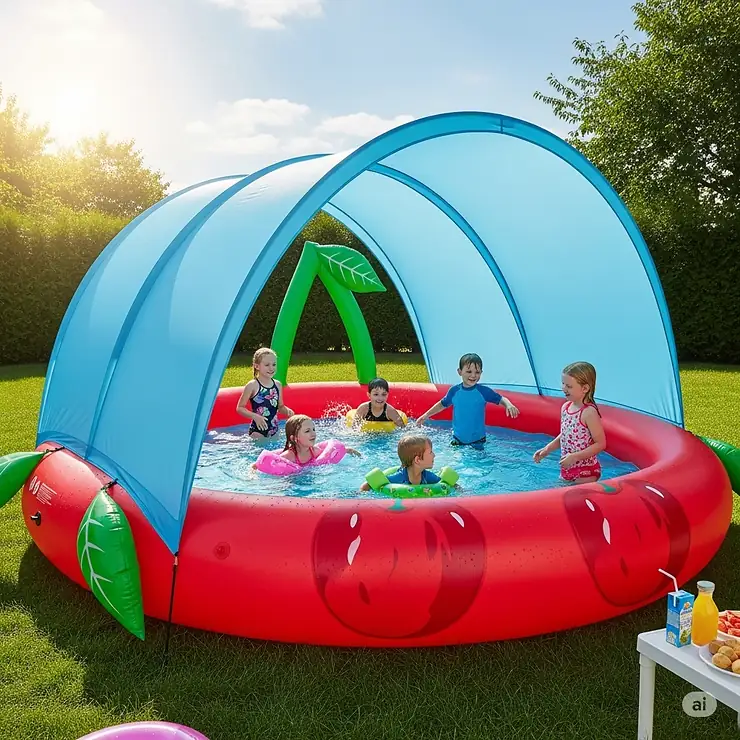 A large cherry inflatable pool with a protective canopy provides shade for kids on a hot summer day.