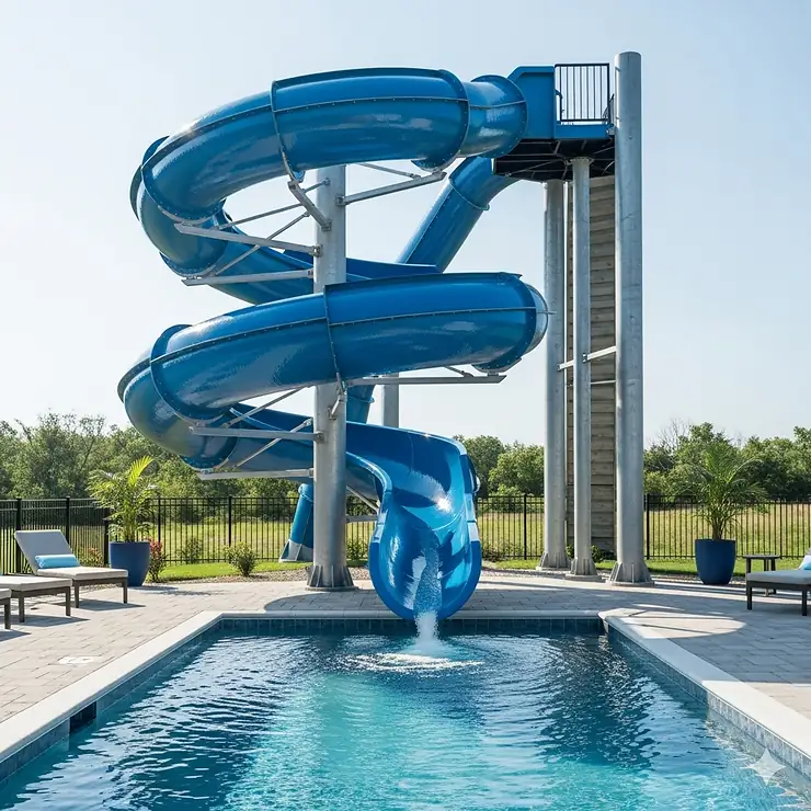An exciting, large corkscrew-style swimming pool slide that adds a fun twist to any inground pool.