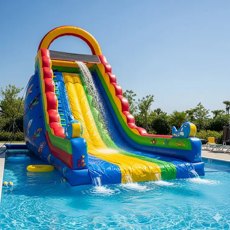 A large, colorful inflatable water slide designed for use in pools.