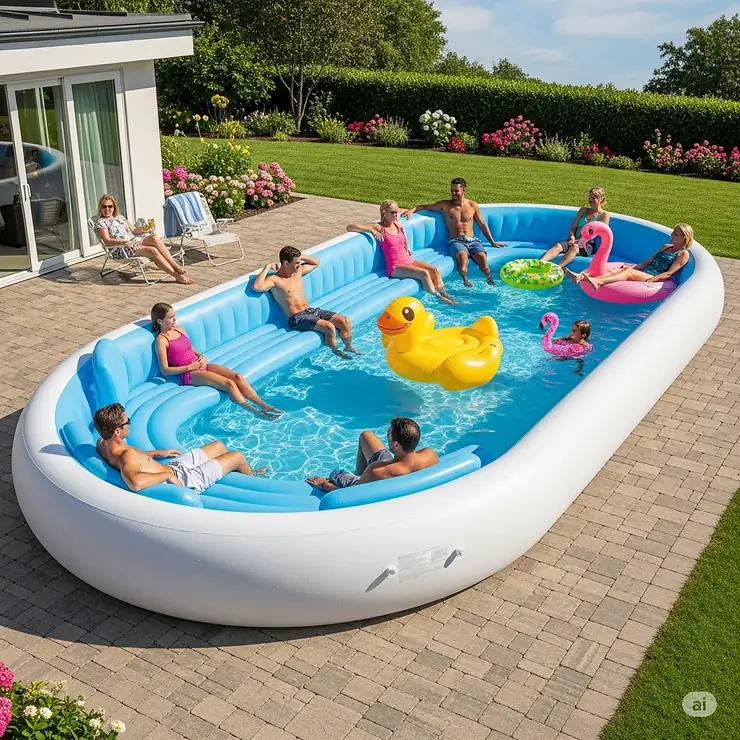 A spacious, extra-large inflatable pool with integrated bench seating, shown with people lounging comfortably in the water.