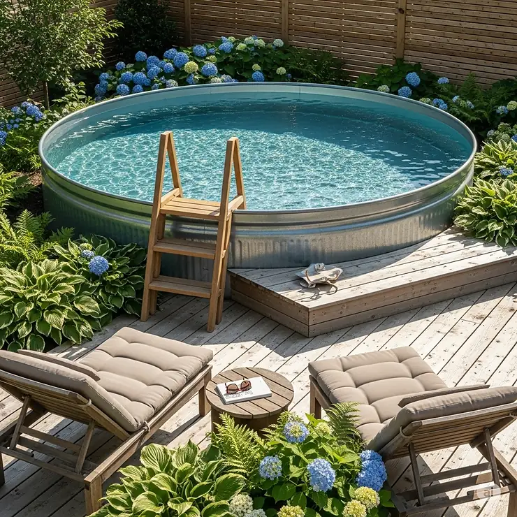 A large galvanized stock tank pool, filled with clean water, providing a refreshing escape in a beautifully landscaped backyard with a wooden deck and comfortable lounge chairs.