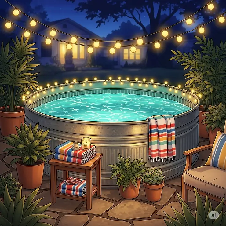 An illustration of a decorated large stock tank pool area at night, complete with string lights, colorful towels, and potted plants, creating a welcoming and stylish outdoor oasis.