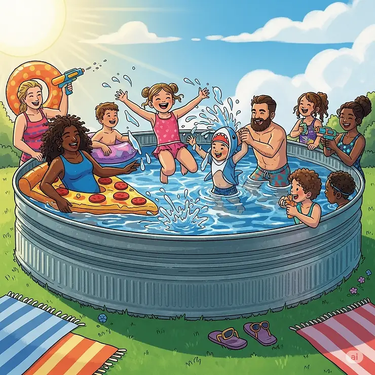 A vibrant illustration of children and adults happily splashing and playing together in a large stock tank pool on a sunny summer day.