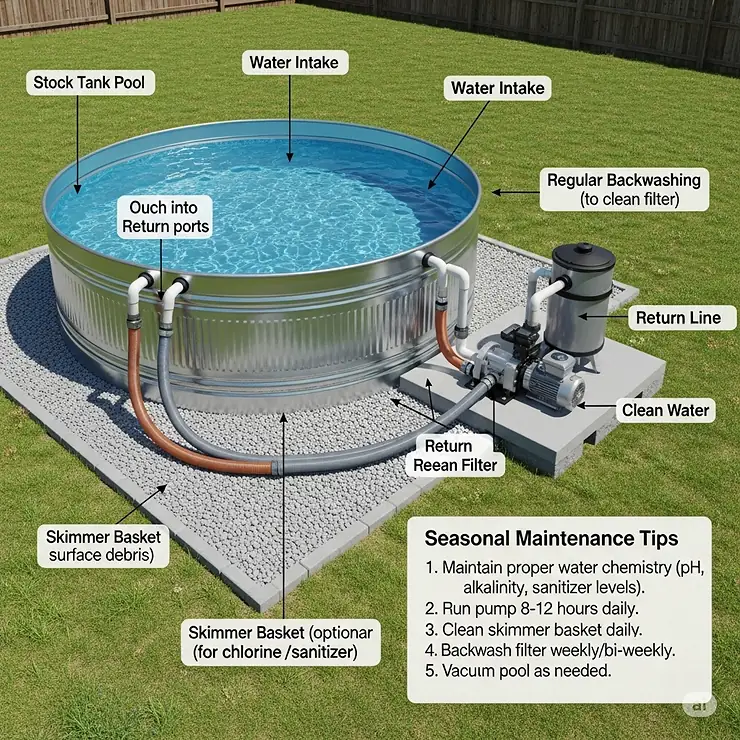 A diagram of a large stock tank pool with an external pump and filtration system, highlighting how to keep the water sparkling clean for the entire season.