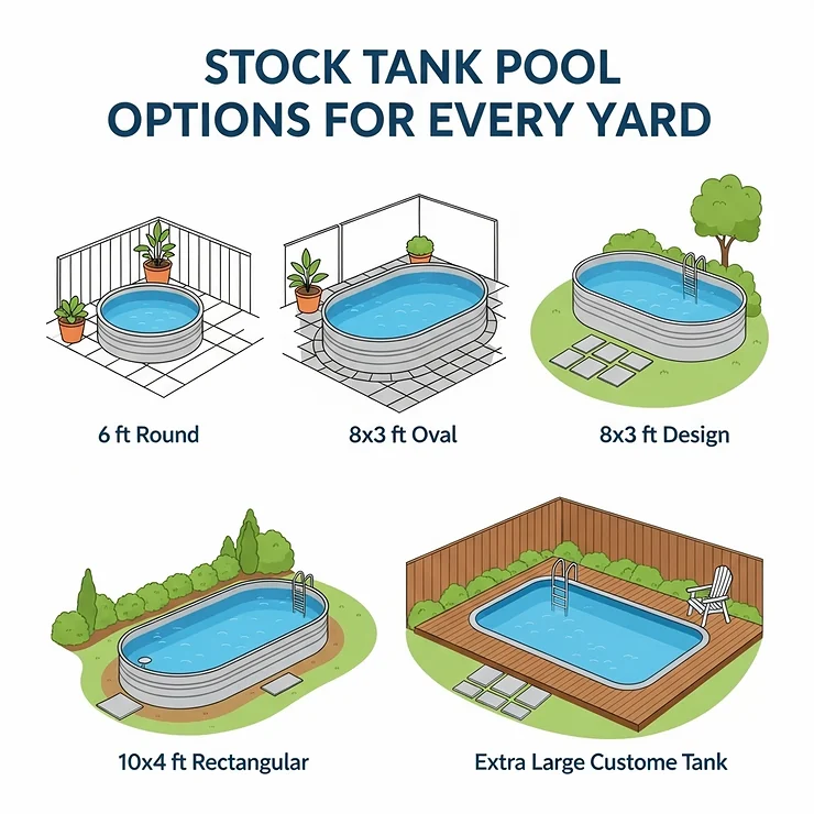 A graphic showcasing various sizes and shapes of large stock tank pools, demonstrating the options available for different yard layouts and family sizes.