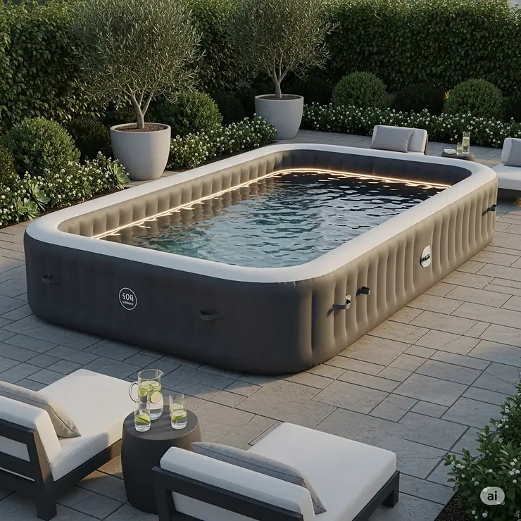 A modern, luxury inflatable pool with a sleek design and neutral color palette, perfect for a sophisticated backyard oasis.