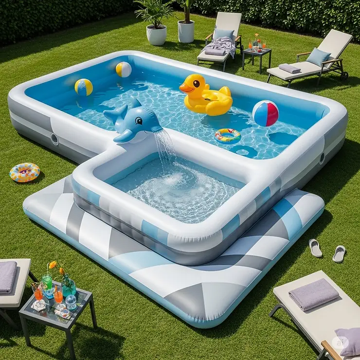 A high-end inflatable pool with a safe, shallow section and a built-in water feature, designed for kids to play in.
