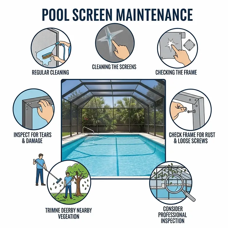 A simple illustration with tips for maintaining a pool screen enclosure to ensure its longevity and structural integrity.