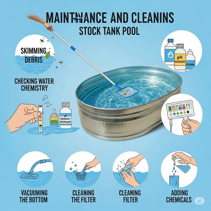 A simple visual guide on the maintenance and cleaning steps for a large stock tank pool, including skimming debris and checking water chemistry.