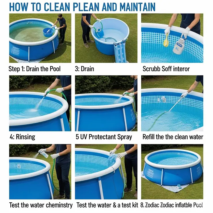 A step-by-step guide on how to properly clean and maintain a Zodiac inflatable swimming pool.