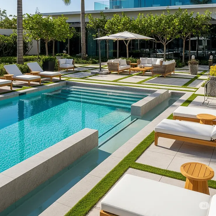 A luxurious modern swimming pool featuring wide, inviting stairs leading into the pristine blue water, surrounded by elegant patio furniture. pools with stairs