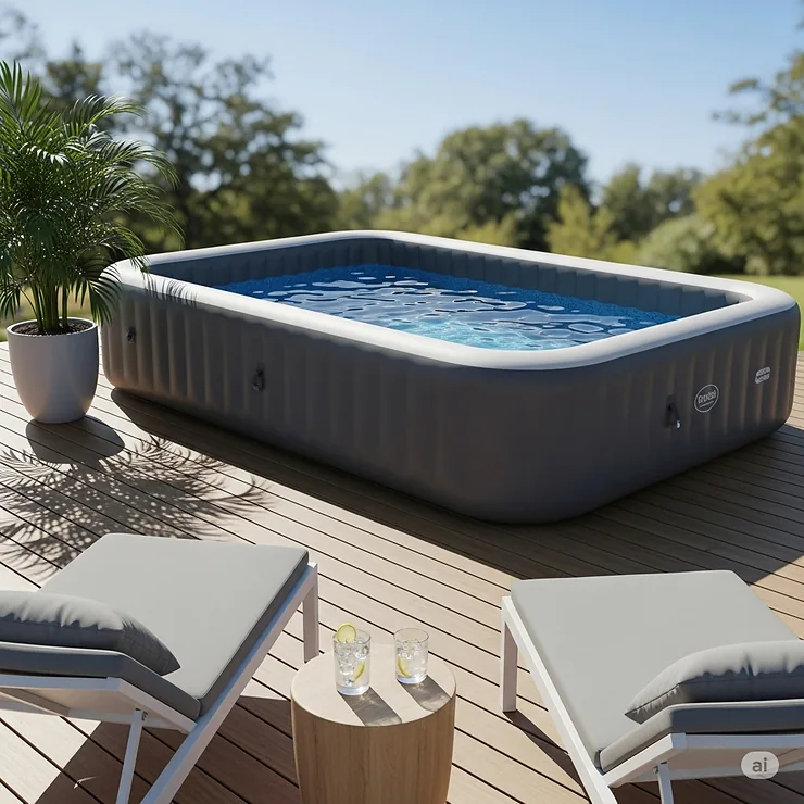 A modern, rectangular luxury inflatable pool with a clean, contemporary design, placed on a deck.