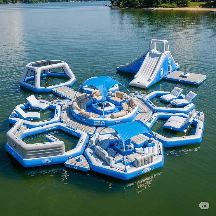 An aerial view of a customizable modular inflatable lake pool system with multiple connected platforms and a central lounging area.