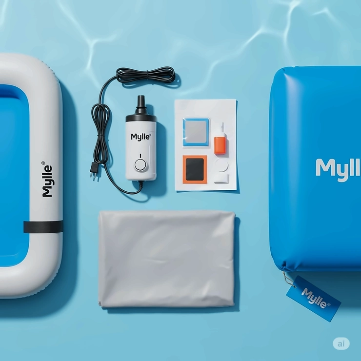 An image featuring essential accessories for a Mylle inflatable pool, such as a pump and repair kit, to ensure long-lasting use.
