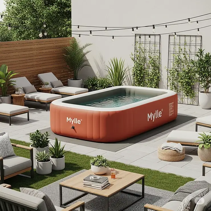 A beautifully styled backyard scene with a Mylle inflatable pool as the centerpiece, showcasing how it complements outdoor living spaces.