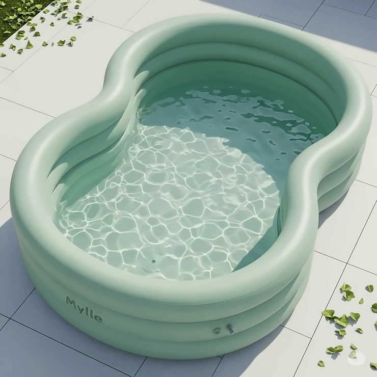 An overhead view of a Mylle inflatable pool, displaying its unique, aesthetic design and sturdy, multi-layered construction.
