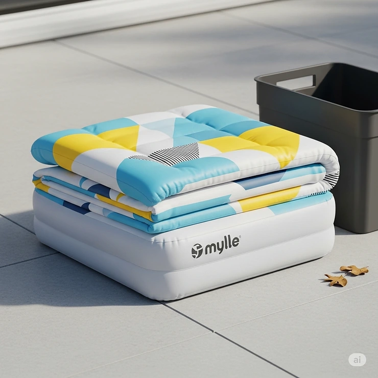 A Mylle inflatable pool is deflated and neatly folded, showing how portable and easy it is to store for the off-season.