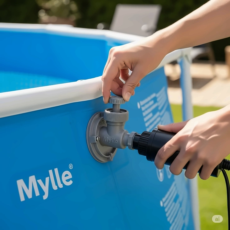 A close-up shot showing the quick and easy setup of a Mylle inflatable pool, highlighting the valve system and smooth inflation process.