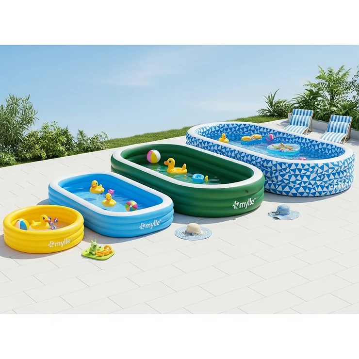 A comparison image showing the different sizes of Mylle inflatable pools available, from small kiddie pools to larger family-sized options.