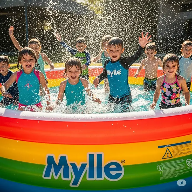 Happy kids splashing and having fun in a vibrant Mylle inflatable pool, demonstrating its use for family enjoyment and safe playtime.