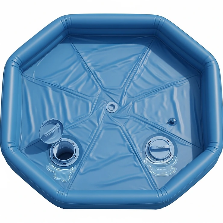An illustration of the dual drain plugs at the bottom of an octagon inflatable pool, designed for quick and easy water drainage.