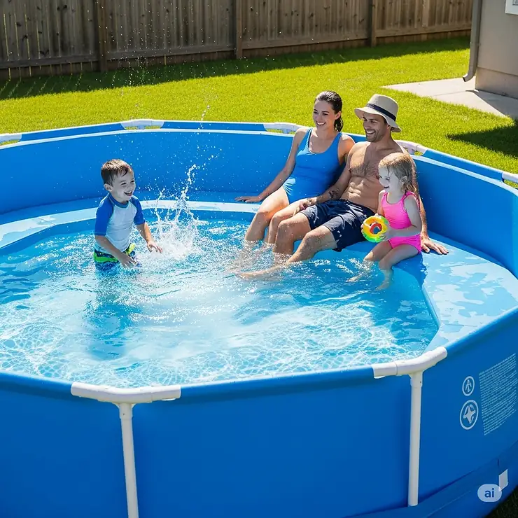 A family relaxing in a large, blue, octagon-shaped inflatable pool with a built-in bench, set on a grassy backyard.