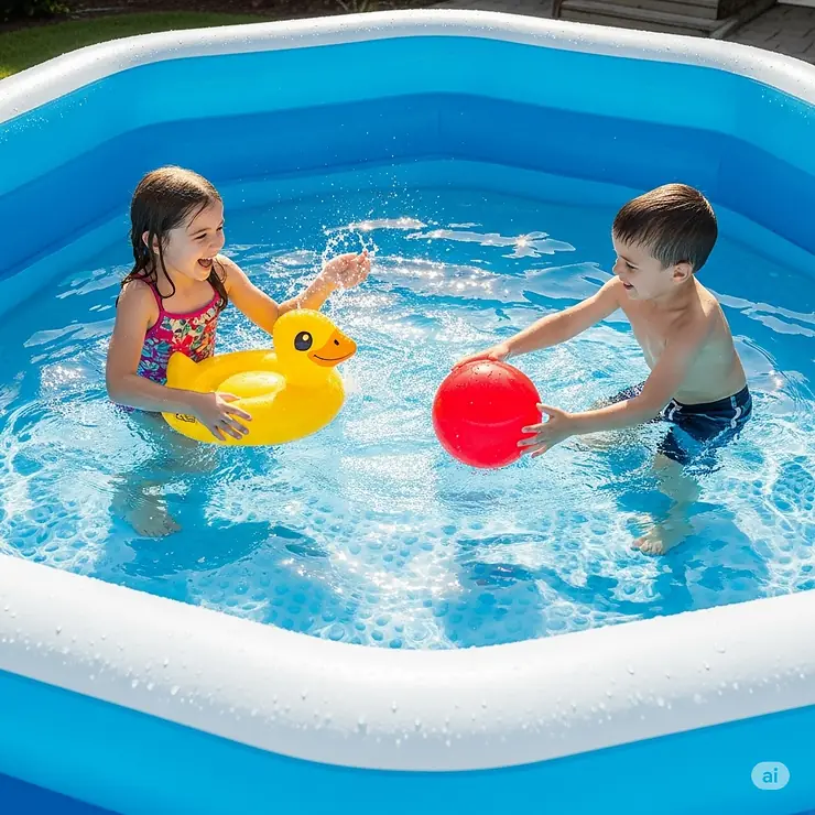 Two children playing with inflatable toys in a spacious, durable octagon inflatable pool, showing its non-slip bottom.
