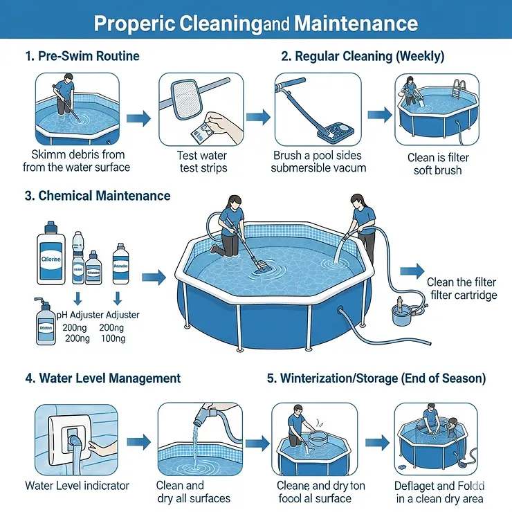 A diagram showing the proper cleaning and maintenance of an octagon-shaped inflatable pool to ensure longevity.