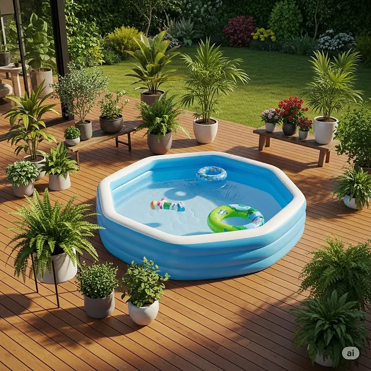 An octagon inflatable pool positioned on a wooden patio, surrounded by potted plants, demonstrating its versatility for different spaces.