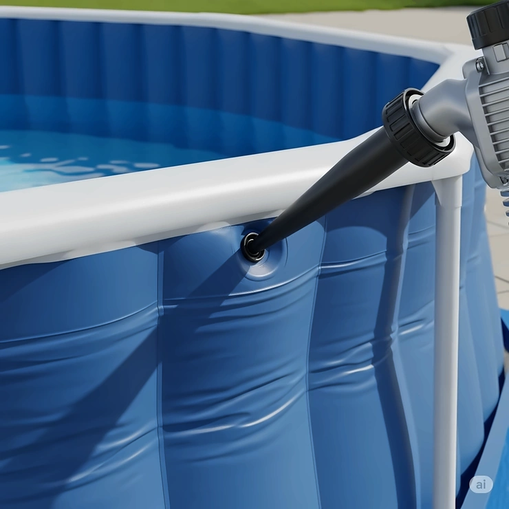 A close-up shot of an electric pump inflating the thick, sturdy walls of an octagon inflatable pool.