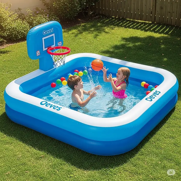 An Oeves inflatable swimming pool with an attached basketball hoop, offering extra entertainment for children.