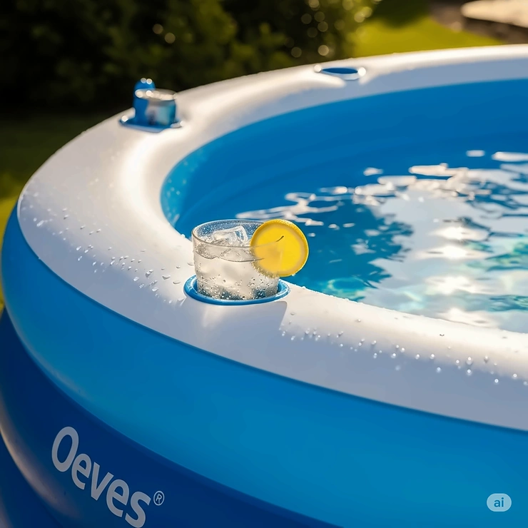 A detailed shot of the Oeves inflatable swimming pool with integrated cup holders, perfect for relaxing with a drink.