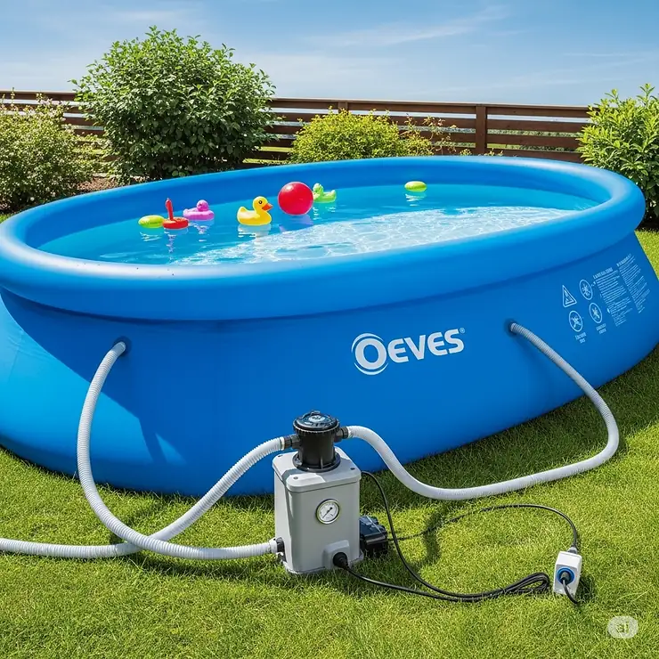 An Oeves inflatable swimming pool shown with a small external filter system for continuous water clarity.