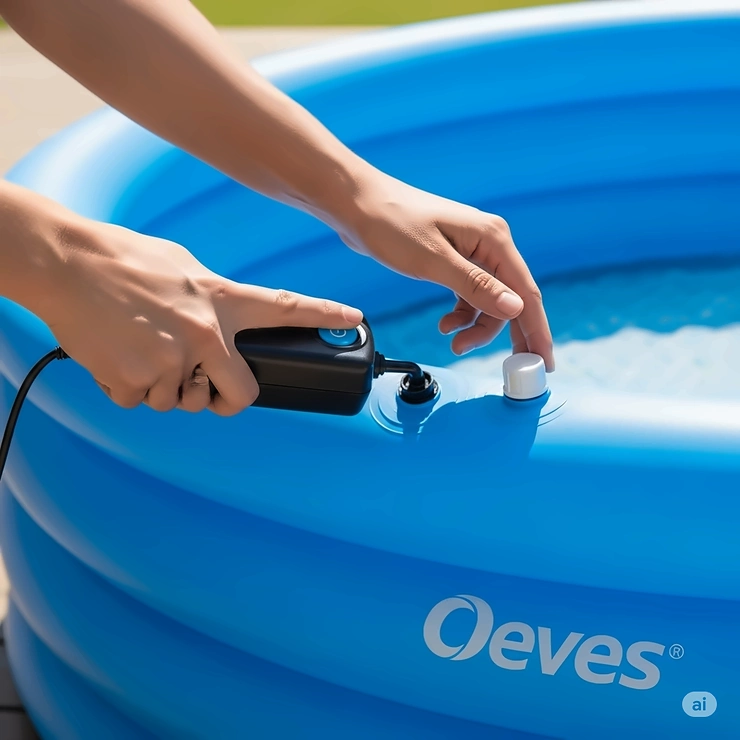 Close-up of a customer using an electric pump to quickly inflate their Oeves swimming pool with ease.