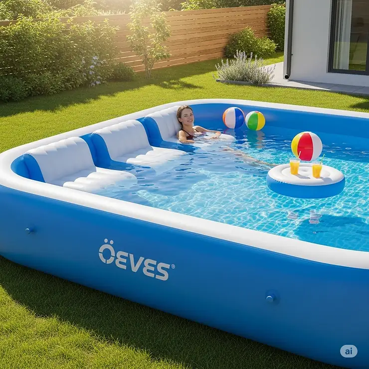 A view of the Oeves inflatable swimming pool featuring built-in cushioned seats for comfortable lounging.