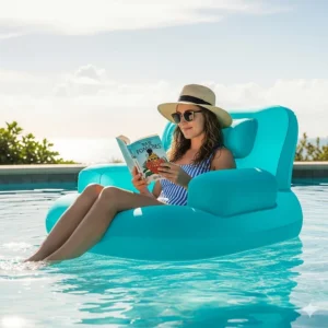 A woman is reading a book on a comfortable inflatable pool chair, enjoying the water.