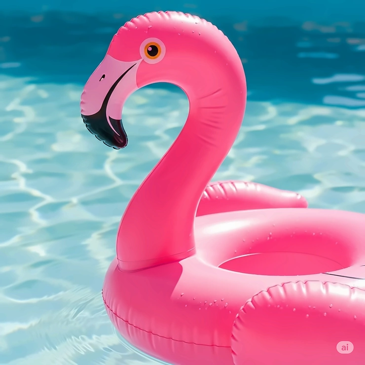 A close-up shot of a cute pink flamingo pool float with its head held high, floating in crystal-clear water.