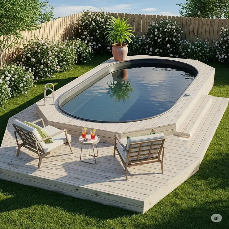 A beautiful and modern plastic stock tank pool with a wooden deck, lounge chairs, and a potted plant, creating a perfect backyard oasis.