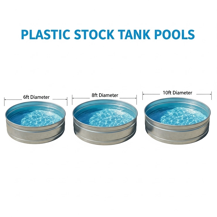 A visual guide of common plastic stock tank pool dimensions, including different sizes like 6ft, 8ft, and 10ft diameters, to help customers choose the right size.