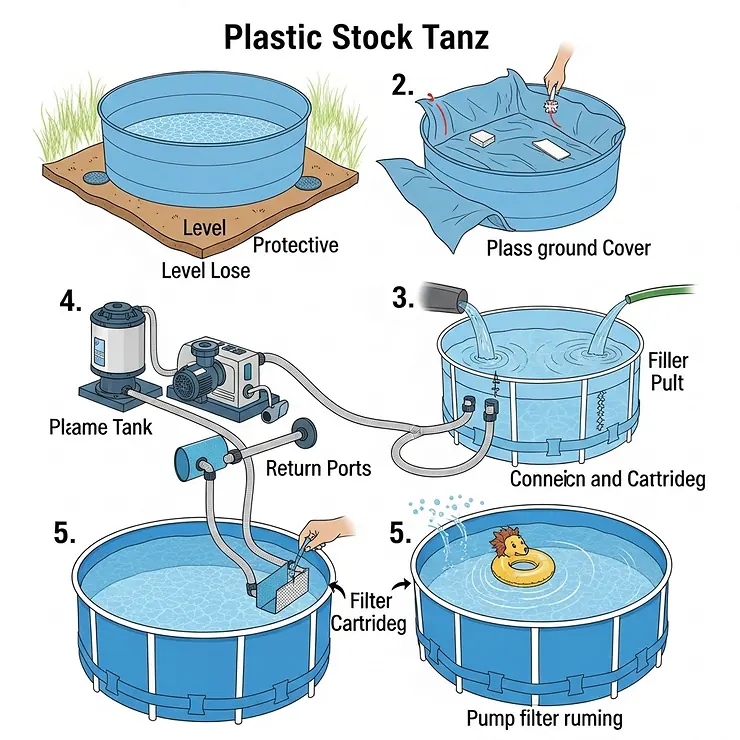 A step-by-step illustration showing how to set up a plastic stock tank pool, from placing the tank to connecting the pump and filter.